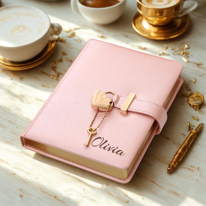 May include: A pink journal with a heart-shaped lock and key charm. The journal has a gold-colored clasp and the name "Olivia" is printed on the cover. A gold pen and coffee cups are in the background.
