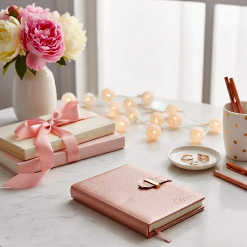 May include: A rose gold leather journal with a gold clasp and the name "Olivia" embossed on the cover. The journal is on a marble surface, next to a stack of books tied with a pink ribbon, a vase of flowers, and a string of lights.