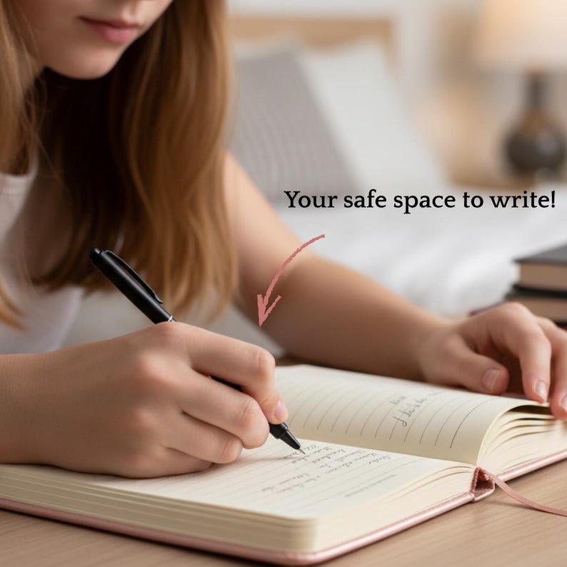 May include: A person writing in a pink journal with a black pen. The journal is open to a blank page with lines. The text "Your safe space to write!" is above the journal. The journal has a pink ribbon bookmark.