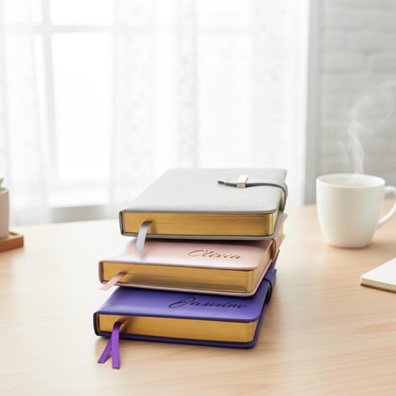 May include: Three stacked, personalized notebooks in gray, pink, and purple, each with a gold-edged page block and a matching ribbon bookmark. The pink notebook is inscribed with the name "Olivia", and the purple notebook is inscribed with the name "Jasmine".