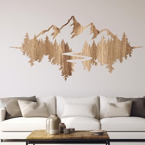 Holzberge, Holzgebirgswandkunst, Bergwandkunst Holzbehang, Holzgebirgskette Silhouette, Berg und Fluss Holzwandkunst