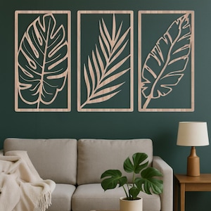 Tropical Palm Leaf Wall Art, Leaves Wood Wall Decor, 3 Panel Leaf Art Wood, Leaves Wood Wall Decor, Wood Floral Wall Art, Palm Leaf Wall Art