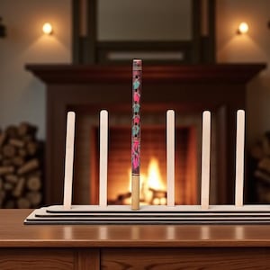 May include: A wooden flute with a colourful floral design stands in a wooden flute stand. The stand has vertical wooden supports and a black and white striped base. The background features a fireplace and a wooden table.