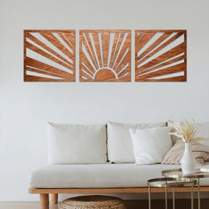 Sunrise Wood Wall Art, Sunburst Wood Wall Art, Sunburst Wall Decor, Sunrise Wood Triptych, Geometric Mid Century, Modern Sunset Wall Decor