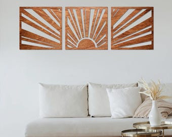 Sunrise Wood Wall Art, Sunburst Wood Wall Art, Sunburst Wall Decor, Sunrise Wood Triptych, Geometric Mid Century, Modern Sunset Wall Decor