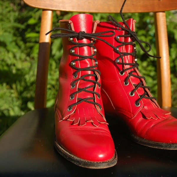 Vintage Red Justin Roper Lace-Up Boots Fringe Size 6.5 B / 7