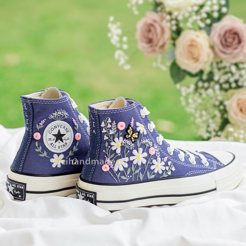 Hand Embroidered Daisy & Butterfly Converse High Tops, Custom Floral Chuck Taylor Sneakers, Cottagecore Canvas Shoes, Unique Gift for Her