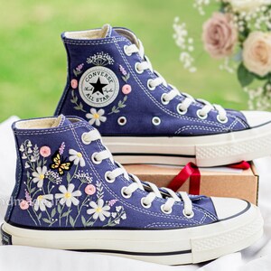 Hand Embroidered Daisy & Butterfly Converse High Tops, Custom Floral Chuck Taylor Sneakers, Cottagecore Canvas Shoes, Unique Gift for Her