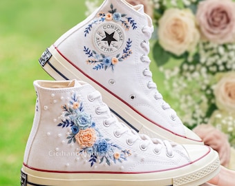 Handcrafted Pearl Peony Bridal Sneakers, 3D Floral Embroidered Converse, Dusty Blue Wedding Shoes, Romantic Luxury Bride Footwear