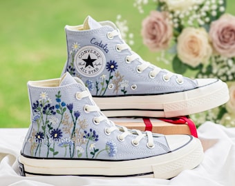Dusty Blue Floral Converse Sneakers, Something Baby Blue Wedding Shoes, Personalized Name, Elegant Minimal Bridal Sneakers