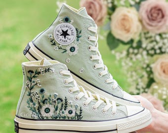 Sage Green Floral Wedding Converse, Embroidered Bridal Sneakers, Personalized Name Shoes, Botanical Garden Boho Bride Gift