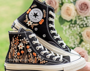 Burnt Orange Floral Autumn Converse, Rustic Terracotta Sneakers, Wedding Dance Shoes for Bride