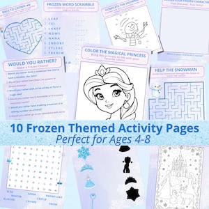 May include: A collection of 10 Frozen-themed activity pages for ages 4-8. Includes mazes, word scrambles, coloring pages, and a 'Would You Rather?' game. Features Elsa, Anna, Olaf, and other characters from the movie.