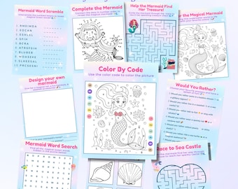 Livro de atividades de sereia para crianças, páginas para colorir imprimíveis, jogos (PDF)