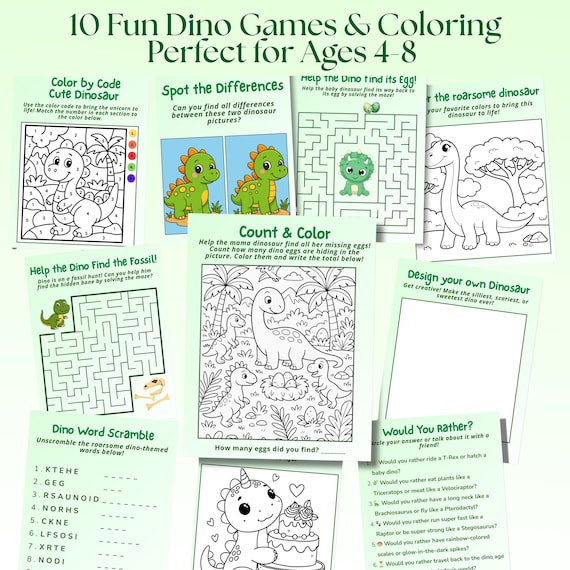 Dinosaur Activity Book, Dino Coloring Pages, Ages 4-8 (Digital Download)