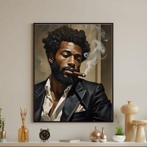 Black Man Portrait, Black Wall Art, Black Man Abstract Art, Abstract Wall Art, Cigar Art, Gift for Him, Vintage Wall Art, Man Cave Decor