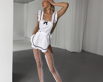 French Maid Costume Set with Apron Dress, Headband & Thong | Ruffled Lingerie Outfit | Playful Rolewear for Special Occasions