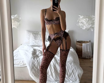 Leopard Print Lingerie Set with Garter Belt & Stockings – Underwire Bra, Classic Briefs, Statement Matching Set - Valentines Day Lingerie