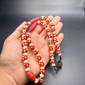Vintage Red and White Glass Beads Necklace | Bold Retro Statement Jewelry | Handmade Boho Style