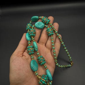 Vintage Tibetan Turquoise Necklace – Genuine Turquoise Beads – Handcrafted Boho Statement Jewelry – Antique Ethnic Gemstone Necklace