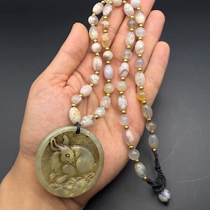 Ancient Double Sided Hand carved Jade Pendent With Oval beads Tibetan Himalayan Chinese Pyu Dunasty Silk Road  – Vintage Collectors Piece