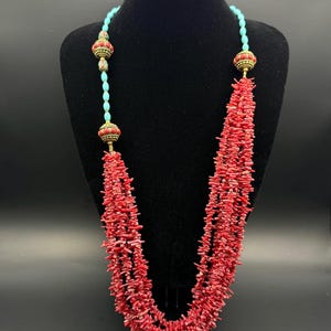 Vintage Tibetan Red Coral & Natural Turquoise Necklace – Handcrafted Elegance with handmade gold beads
