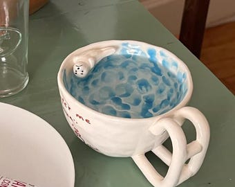 3D Peekaboo Seal Mug Hidden Animal Surprise Coffee Cup Handmade Wabi Sabi Stoneware Wedding Graduation Gift