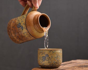 Japanese Ceramic Bedside Water Carafe Set with Cup Lid,Aesthetic Nightstand Water Jug,Unique Guest Room Gift,Wabi-Sabi Studio Pottery Carafe