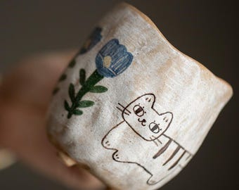 Unique Cat Lover Gift, Handcrafted Ceramic Mug, Artisan Hand-Painted Kitten Cup, Aesthetic Home Decor Mug, One-of-a-Kind Birthday Gift