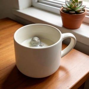 May include: A white ceramic mug with a handle, filled with a white liquid. A small, grey, sculpted figure of a manatee head and flipper emerges from the center of the liquid, appearing to swim within the mug.