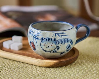 Blue & White Cat Handcrafted Ceramic Mug, Cute Swimming Sleeping Cat Tea Cup, Kawaii Cat Lover Gift Pottery