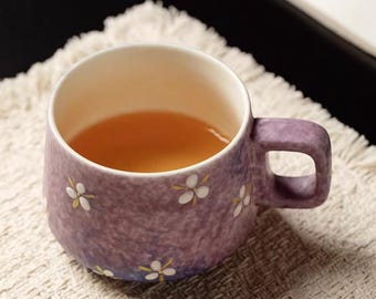 Handpainted Lavender Ceramic Mug with Square Handle, Cute daisy pottery, Flower cappuccino  mug, Hand painted tea cup, Floral gift for her