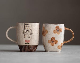 Handmade Ceramic Cat & Flower Mugs, Painted pottery ideas, Rustic Stoneware Coffee Cups
