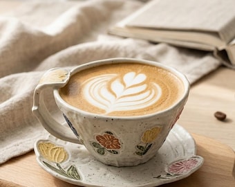 Handmade 3D Embossed Floral Ceramic Mug and Saucer Set, Hand-painted Flower Tea Cup, Aesthetic Cottagecore Pottery, Unique Gift for Her