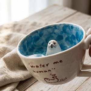 handcrafted Seal Ceramic Mug Peekaboo, Hidden Animal Inside Coffee Cup, 3D Seal Figurine, Surprise Gift for Ocean Lover, Cute Pottery