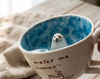 Handcrafted Seal Ceramic Mug Peekaboo, Hidden Animal Inside Coffee Cup, 3D Seal Figurine, Surprise Gift for Ocean Lover, Artisanal Pottery