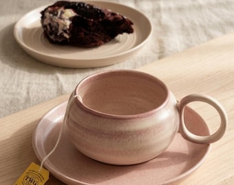 Handmade Pale Pink Ceramic Tea Cup and Saucer, Unique Wabi-Sabi Coffee Cup,Aesthetic Pastel Pottery Tea Set,Thoughtful Birthday Gift for Her