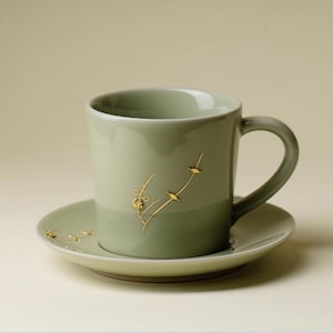Puede incluir: Un juego de taza y platillo de cerámica verde salvia. La taza tiene un asa curva y está decorada con detalles florales dorados. El platillo es de color verde salvia a juego y también tiene detalles dorados. El juego está diseñado para servir té o café.