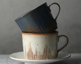Vertical Ribbed Cappuccino Mug & Saucer 9oz Latte Cup Handmade Pottery Gift for Her