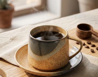 Rustic Ceramic Coffee Cup and Saucer Set, Kiln Change Glaze Stoneware, Wabi Sabi Latte Cappuccino Mug Gift, Unique Artisan Gift
