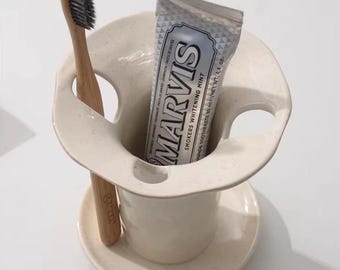 Ceramic Toothbrush Holder with Saucer, Minimalist Wabi Sabi Bathroom Organizer, Makeup Brush Stand, Vanity Pottery Pen Holder