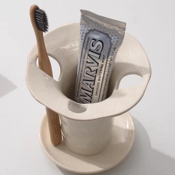 Handmade Ceramic Toothbrush Holder with Saucer Minimalist Wabi Sabi Bathroom Organizer Makeup Brush Holder Vanity Pottery Bathroom Decor