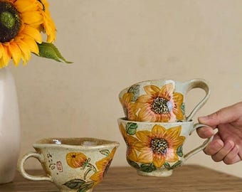 Handmade Sunflower Ceramic Coffee Mug，Hand-Painted Floral Mug with Saucer,  Unique Underglaze Art Coffee Cup, Personalized Birthday Gift Her