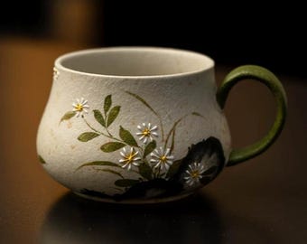 Daisy mug, Relief Petal Ceramic Mug, 8oz Artisan Coffee Cup, Hand painted pottery, Cottagecore Aesthetic Tea Set, Unique Gift for Her