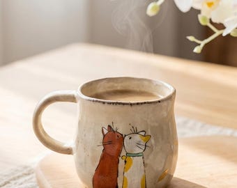 Cat Couple Mug Handmade Ceramic, Cute Matching Cat Coffee Mugs, Unique Anniversary Gift for Couples