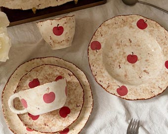 Artisanal Apple Dinnerware Set, Hand Painted Stoneware Plate Bowl Platter Mug Saucer, Cottagecore Gift