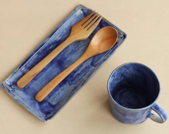Indigo Blue Ceramic Coffee Set with Long Dessert Tray, Wabi Sabi Breakfast Mug and Plate, Unique Housewarming Gift for Tea Lovers