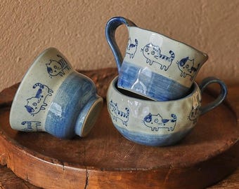 Blue and White Ceramic Cat Mug, Handmade Japanese Style Kitten Cup, Unique Wabi Sabi Pottery Espresso, Personalized Gift for Cat Lovers