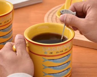 Sardine Ceramic Mug – Handmade Ocean Fish Coffee Cup, Canned Fish Themed Artwork, Unique Travel Mug for Anglers & Fishing Lovers