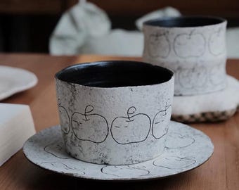 Hand-Painted Apple Ceramic Mug and Saucer Set, No handle mug, Cottagecore Art Pottery Gift, Unique Fruit Pattern Cup&Plate